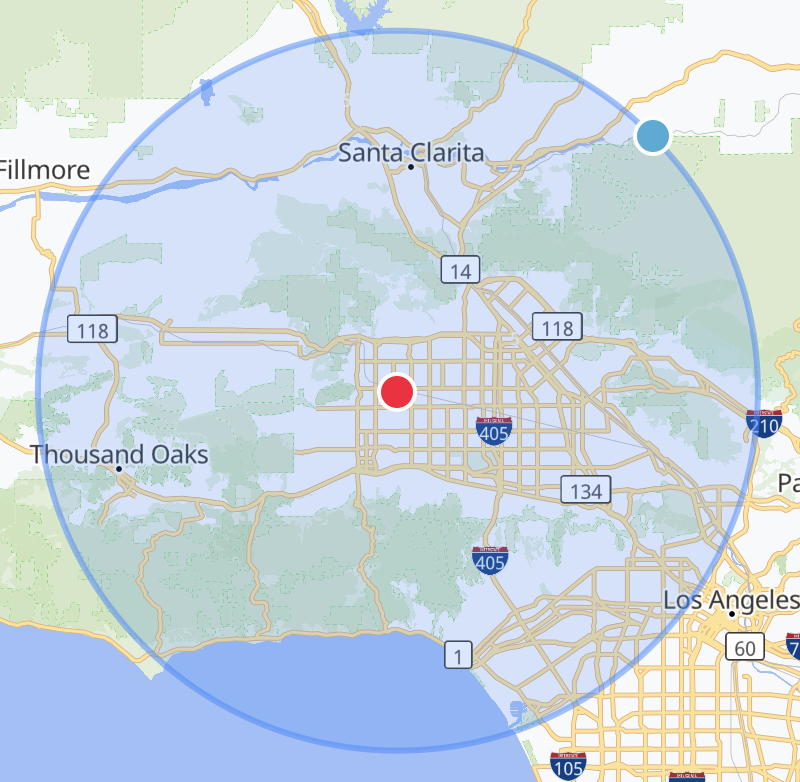 Map showing the 20-mile eligibility zone centered on Launch Valley Tutoring's Northridge location