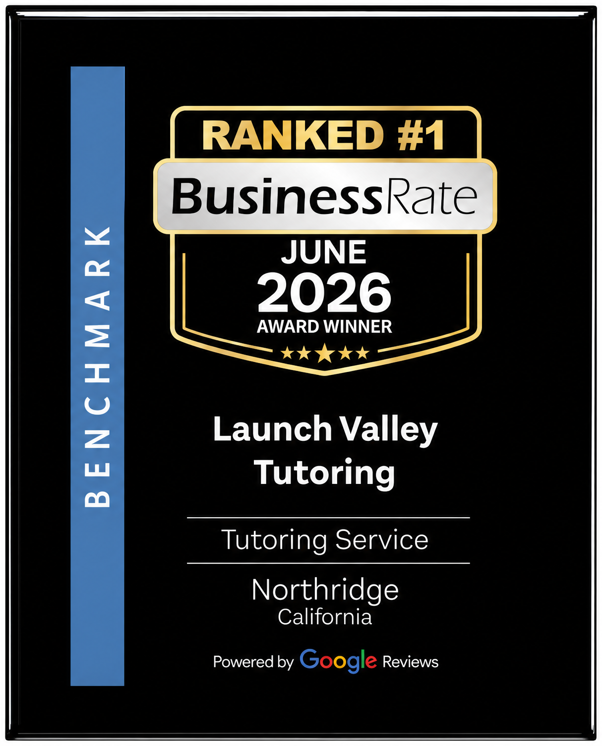 Launch Valley Tutoring, ranked #1 tutoring service in Northridge, California. BusinessRate June 2026 Award Winner, powered by Google Reviews.