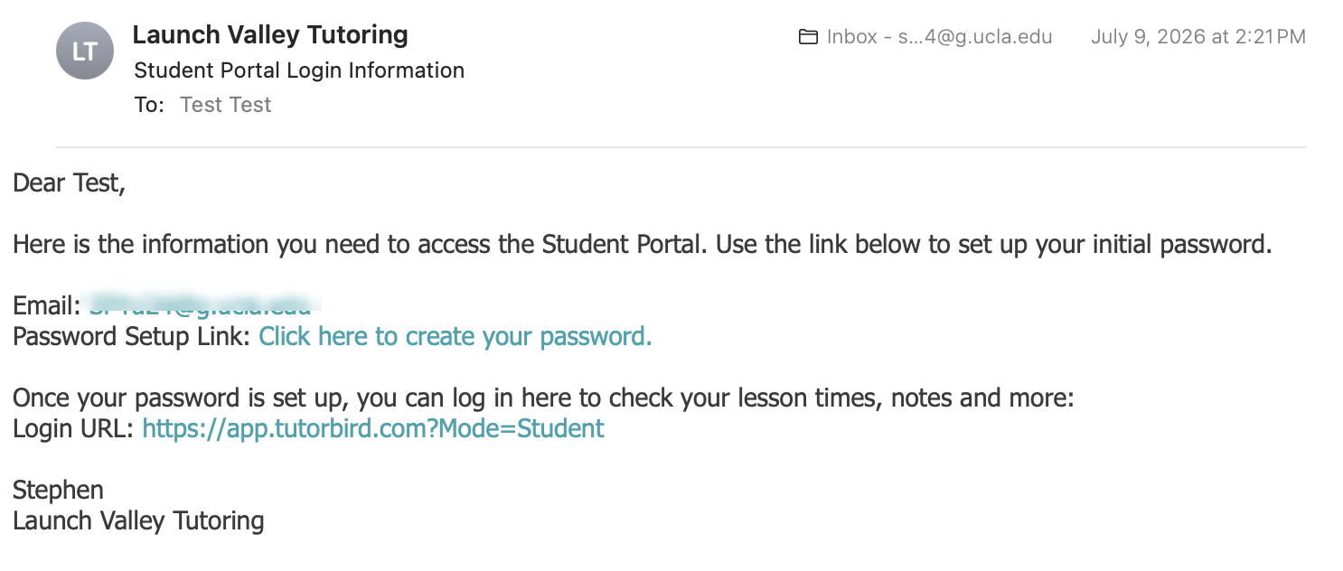 Example of the Portal Login Information email from Launch Valley Tutoring, showing your login email, a password setup link, and the TutorBird login URL.